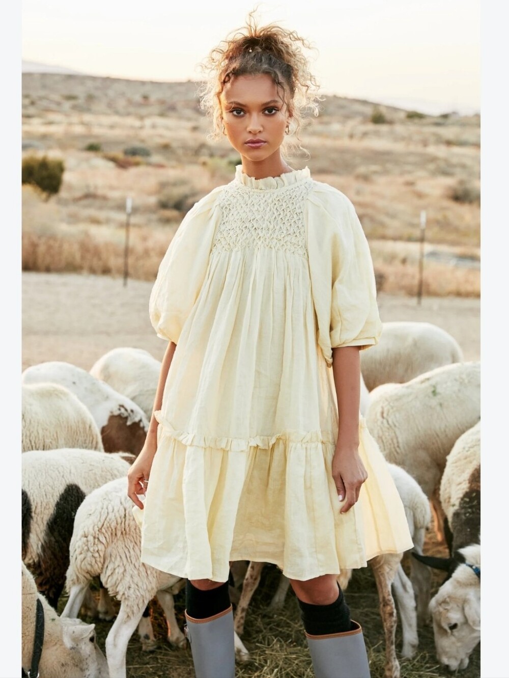 Sea NY Geneva Lantern Sleeve Mini Dress Macaron Yellow NWT Oversized L